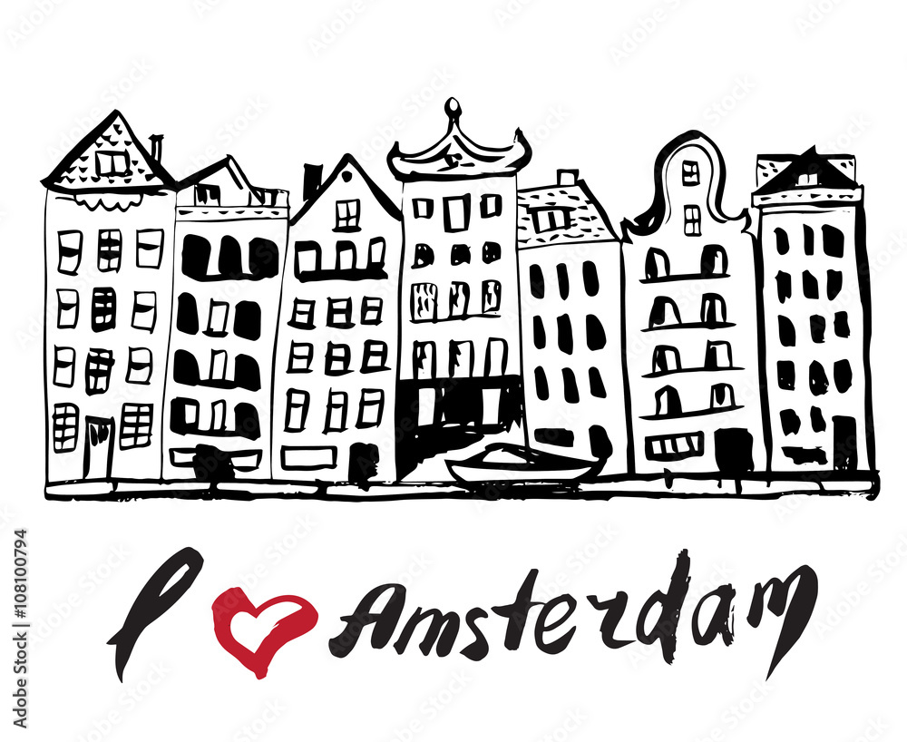 Brush drawn buildings Amsterdam - Netherlands