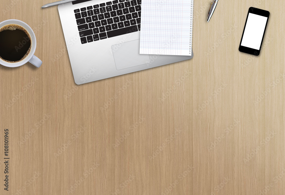 Office desk top view hero image for mock up. Wooden background Office desk top view hero image for mock up. Wooden background
