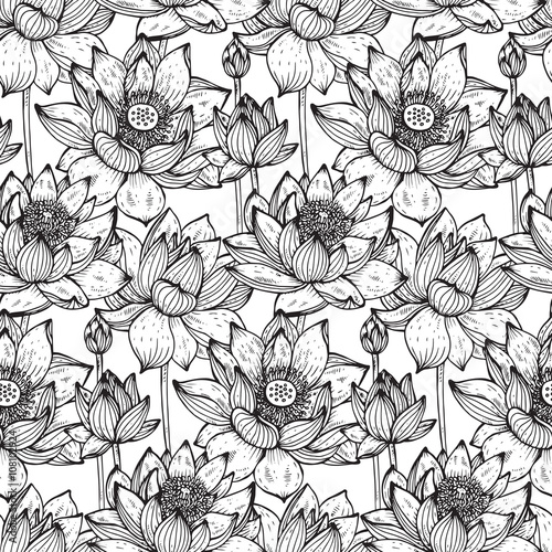Floral seamless pattern with hand drawn lotus flowers and leaves