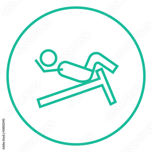 Man doing crunches on incline bench line icon.