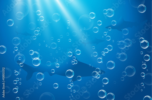 Underwater scene with bubbles and sharks silhouettes