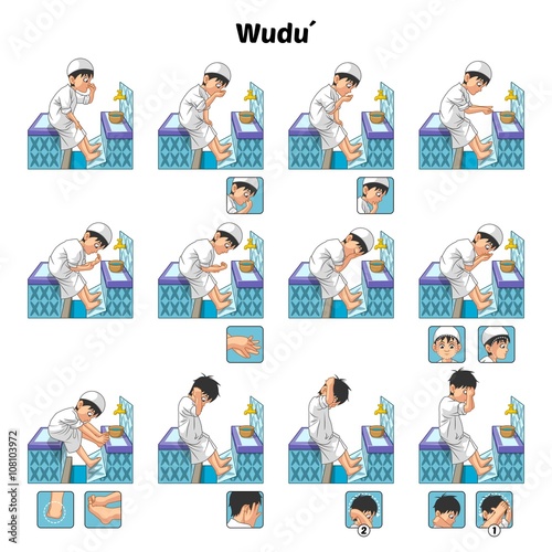 Muslim Ablution or Purification Ritual Guide Step by Step Using Water Perform by Boy