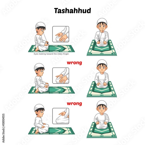 Muslim Prayer Position Guide Step by Step Perform by Boy Sitting and Raising The Index Finger with Wrong Position 