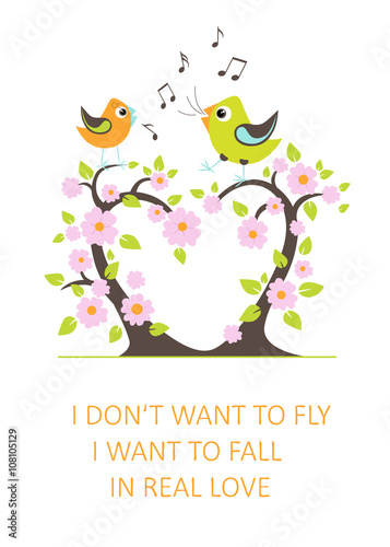 Singing love birds on the tree. Stylized happy cartoon illustration. Flat color vector design. Child theme.