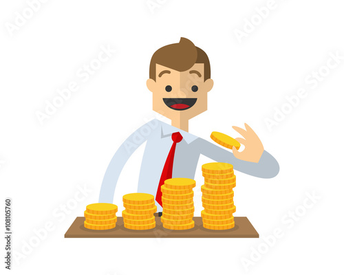 Vector of businessman stacking gold coins, making a coin bar chart