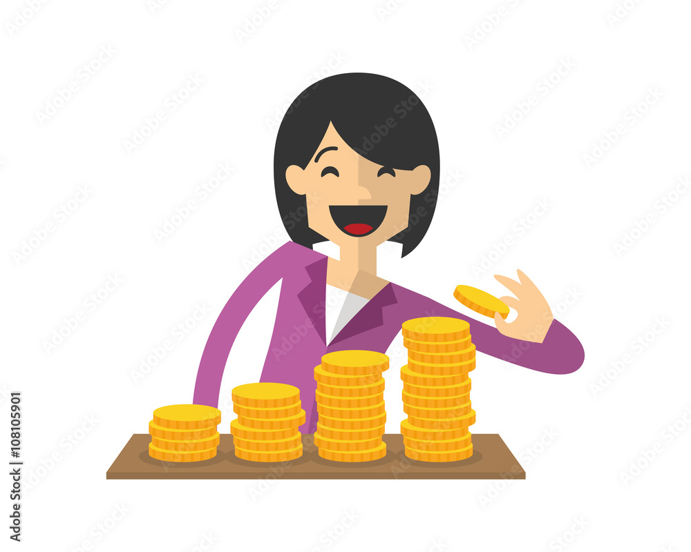 Vector of businesswoman stacking gold coins, making a coin bar chart Vector of businesswoman stacking gold coins, making a coin bar chart