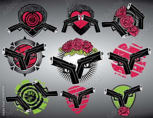 pistol decorative flowers grungy background vector illustration