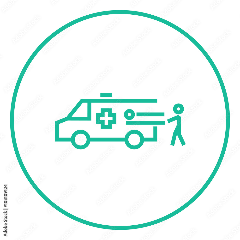 Man with patient and ambulance car line icon. Man with patient and ambulance car line icon.