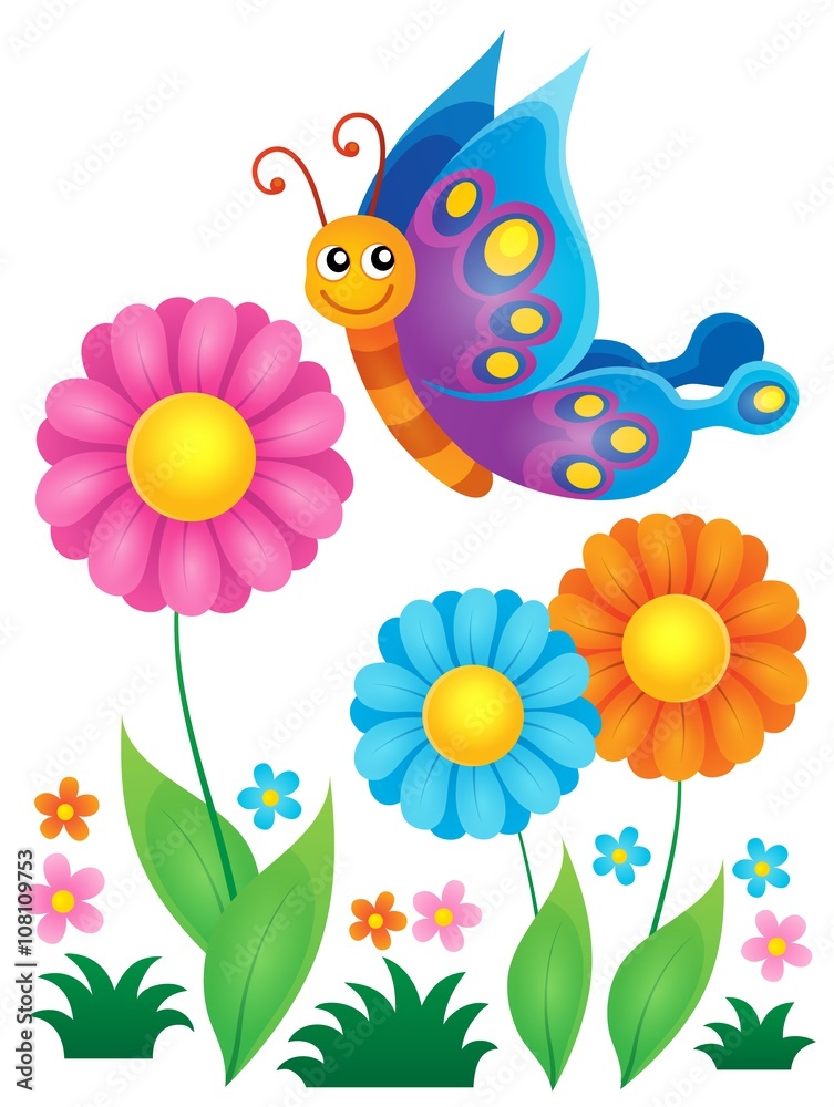 Obraz premium Flowers and happy butterfly theme 1