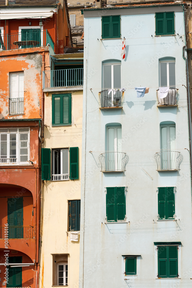 Detail of the tower houses in Portovenere or Porto Venere (UNESCO world heritage site). La Spezia, Liguria, Italy