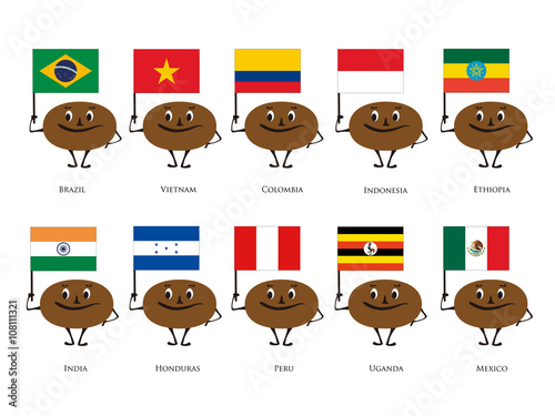 Vector illustration of coffee bean character with country of origin of the national flag