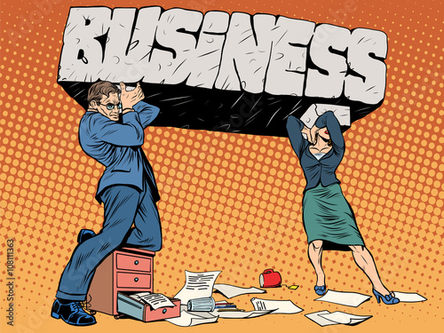 Man and woman business concept ancient Greek Titan Atlas