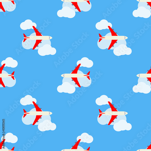 Icono plano patrón con avion en cielo con nubes color #1