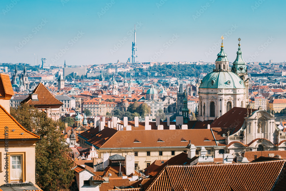 Aerial view of cityscape and St. Nicholas Church in Prague, Czec