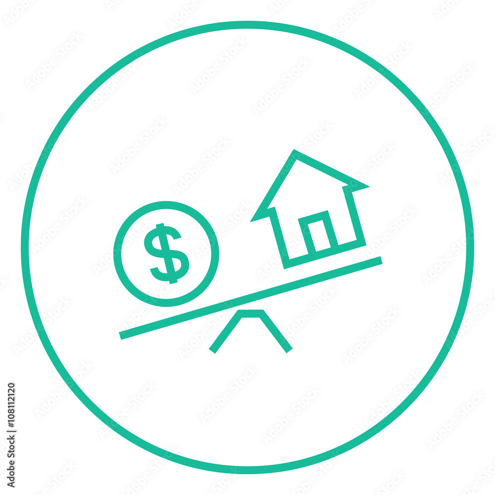House and dollar symbol on scales line icon. House and dollar symbol on scales line icon.