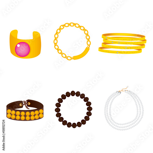 Illustration collection of beautiful gold, pearl and leather bracelet accessories