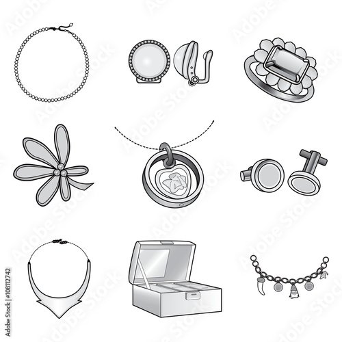 Black and white illustration of collection set of beautiful different jewelry accessories