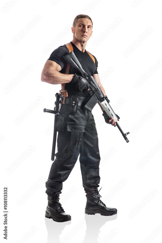 Police officer is holding Kalashnikov. Isolated on white. Police officer is holding Kalashnikov. Isolated on white.