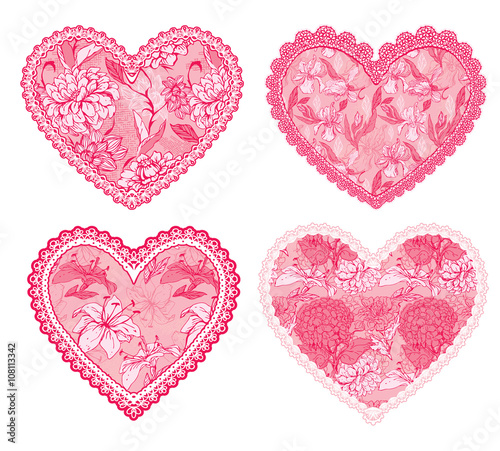 Set of 4 Pink fine lace hearts with floral pattern. Design eleme