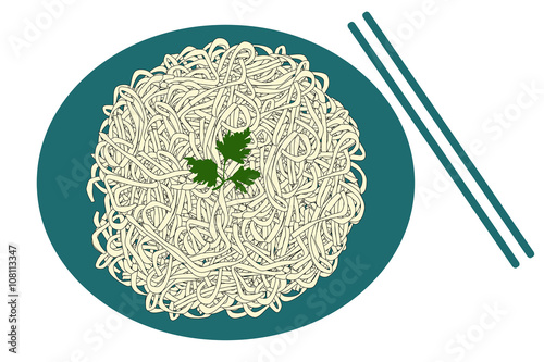 Blue plate of noodles and sticks isolated on white background, vector