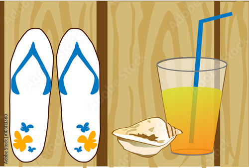 Summer set of white flip-flops, a seashell and a glass of orange juice on wooden background, vector