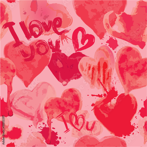 Seamless pattern with grunge aquarelle hearts and words  I LOVE