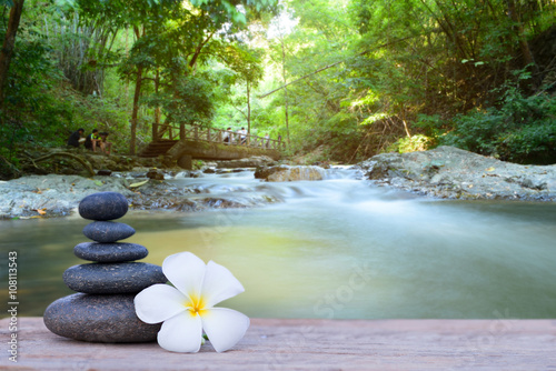 white frangipani flower and stone zen spa on wood with blurred w