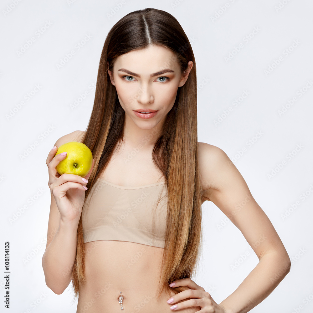 Beautiful Woman with Clean Fresh Skin holding apple Beautiful Woman with Clean Fresh Skin holding apple