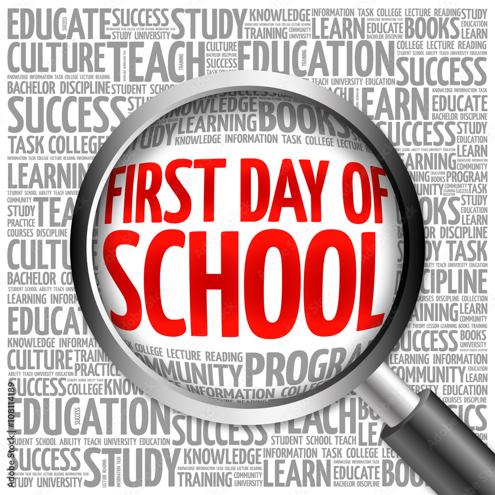 First day of school word cloud with magnifying glass, concept First day of school word cloud with magnifying glass, concept