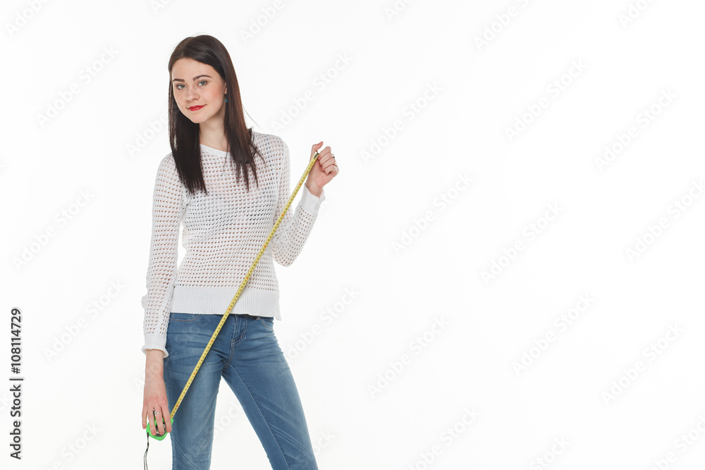 girl with construction tape measure white background girl with construction tape measure white background