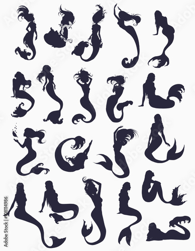 Set: Black-and-white ink sketch of mermaids. Hand realistic sketch of singing mermaid with moray eel. Vector illustration. Silhouette collection.