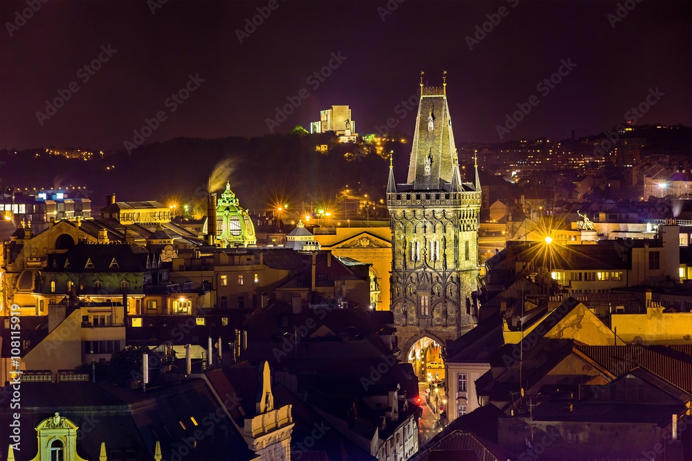 Naklejka premium Night view of the Powder Tower in Prague