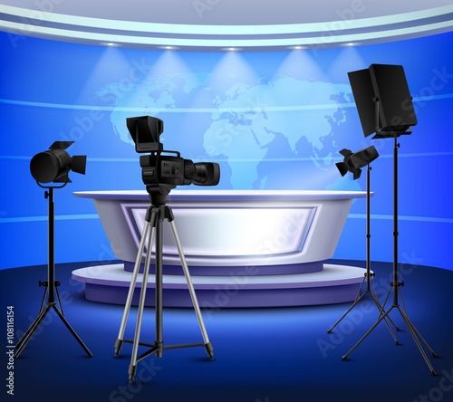 Realistic Blue News Studio Interior