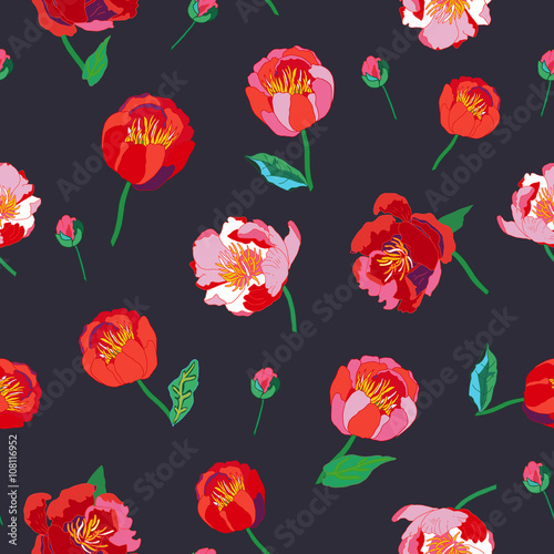 Seamless floral  background. Isolated red flowers and leafs on black background