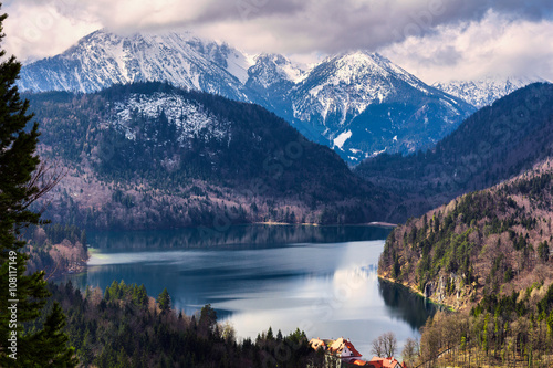 View of landscape with lake and rain coulds. Bavaria, Germany