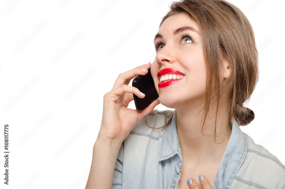 beautiful young woman speaks talking by mobile phone, on a white background beautiful young woman speaks talking by mobile phone, on a white background