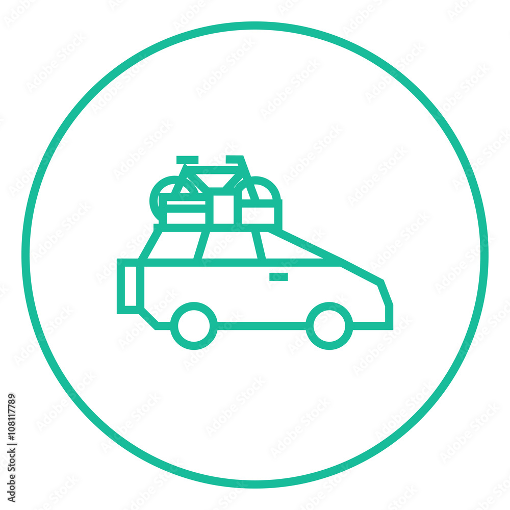 Car with bicycle mounted to the roof line icon. Car with bicycle mounted to the roof line icon.