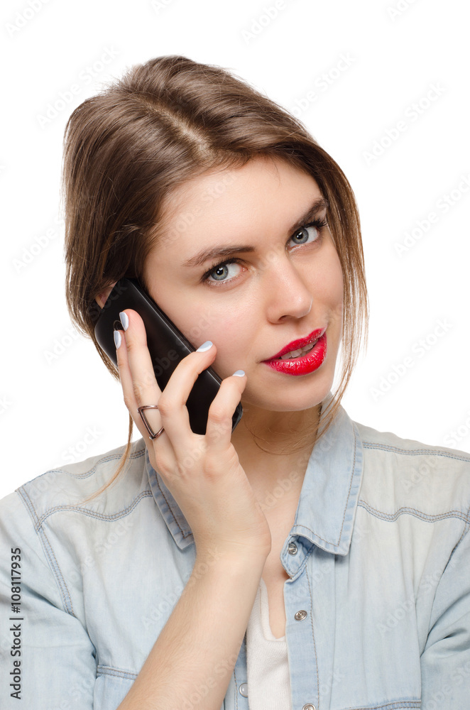 beautiful young woman speaks talking by mobile phone, on a white background beautiful young woman speaks talking by mobile phone, on a white background