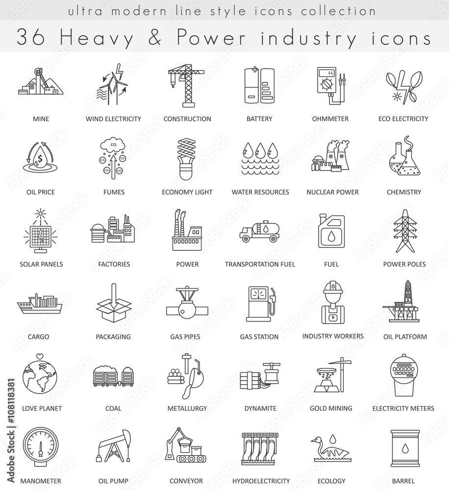 Vector heavy and power industry ultra modern outline line icons for web and apps.