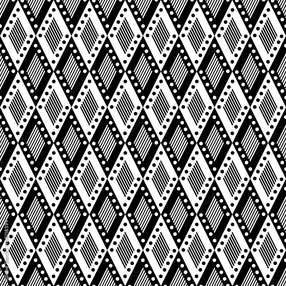 Vector decorative ornamental geometric background with rhombus in black and white colors. Series of Seamless Geometrical Ornamental Patterns. Vector decorative ornamental geometric background with rhombus in black and white colors. Series of Seamless Geometrical Ornamental Patterns.