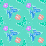 Vector seamless pattern with flowers and butterflies. In light blue and pink colors.