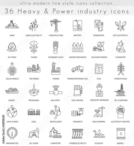 Vector heavy and power industry ultra modern outline line icons for web and apps.