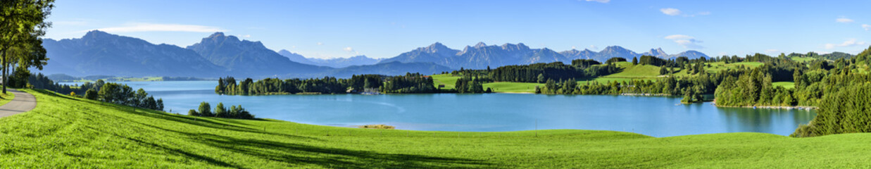 Leinwandbilder Panoramafotos Idyllischer Ausblick auf den Forggensee und den ostallgäuer Alpenrand im Sommer  © ARochau