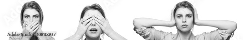 Pretty young woman covers ears, mouth, eyes isolated. See No Evil, Hear No Evil, Speak No Evil poses. Black and white