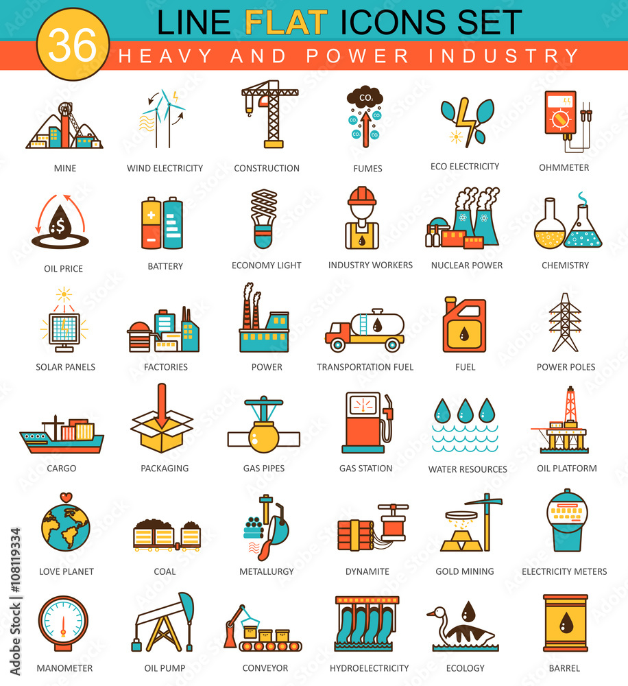 Vector heavy and power industry flat line icon set. Modern elegant style design  for web.