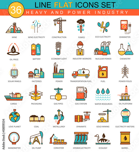 Vector heavy and power industry flat line icon set. Modern elegant style design for web.