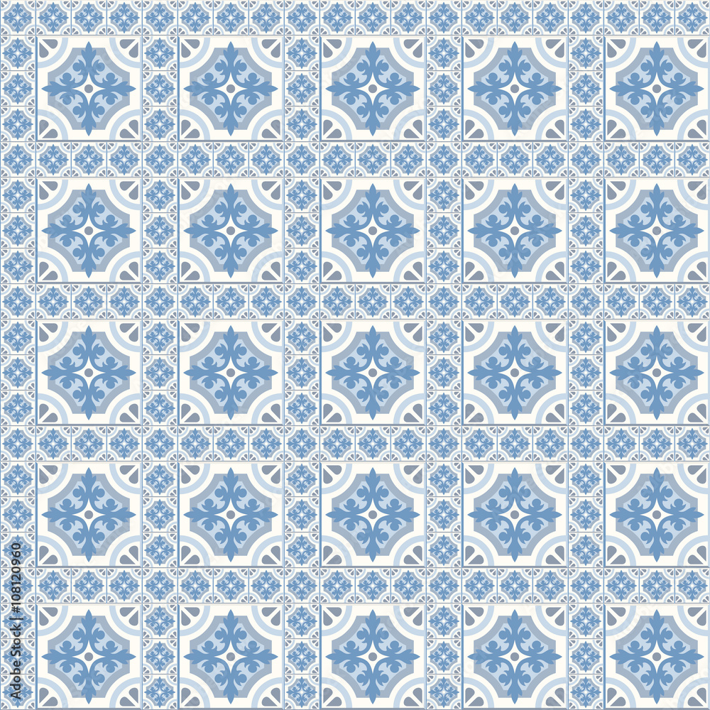 Retro Floor Tiles patern, traditional blue and white Dutch tiles