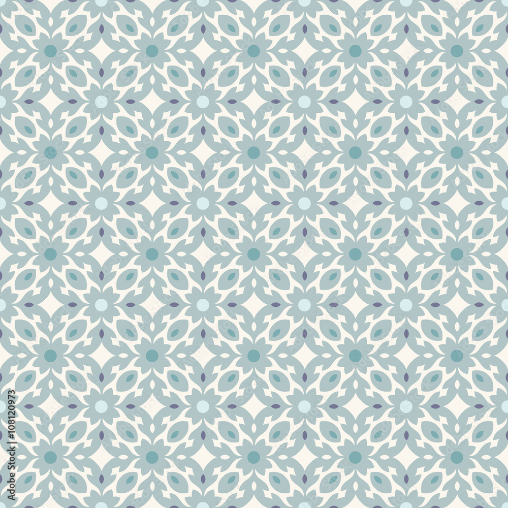 Retro Floor Tiles patern with small flowers and leaves in teal colors