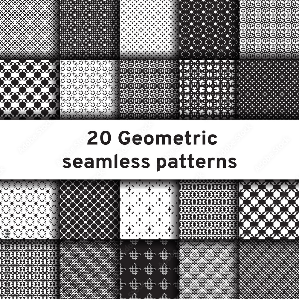 Set of 20 monochrome seamless patterns. Universal different vector patterns. Geometric ornaments. Collection black and white vector backgrounds.