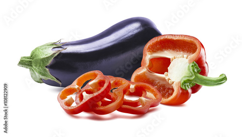 Aubergine red pepper slices isolated on white background
